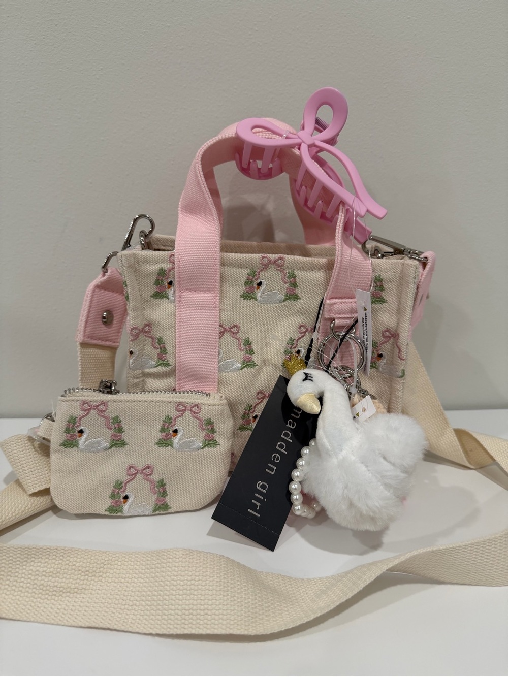 Madden Girl Cream Canvas Tote with Pink Handles and Swan Key Charm